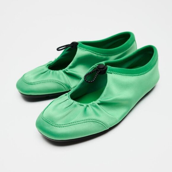 ZARA Satin Effect Ruched Ballet Flats – Green (US 8 Women) - Picture 1 of 7
